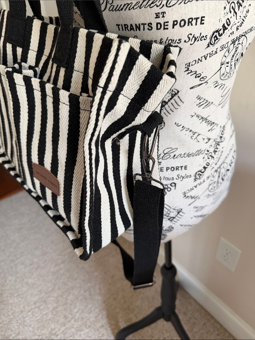 Striped Black & White Tote Bag with Front Pockets - Picture 2 of 4